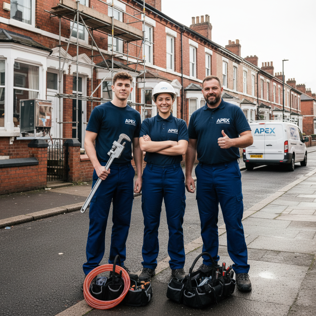 Apex Plumbing and Heating team of three engineers standing outside a Manchester terrace house they've just worked on, wearing matching navy uniforms with company logo, confident posture, daylight, photorealistic