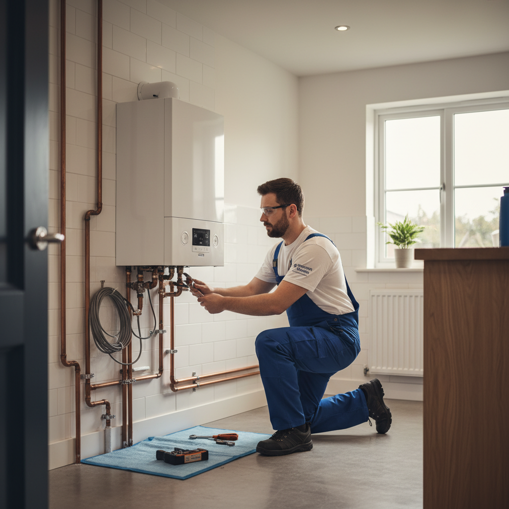 Professional plumber working on modern boiler installation in Manchester home, clean work area, blue and white uniform, technical expertise, warm interior lighting, photorealistic