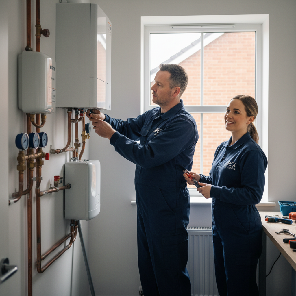 Apex Plumbing team of two professional plumbers in navy uniforms working together on heating system installation in Manchester home, confident and skilled, natural light, photorealistic