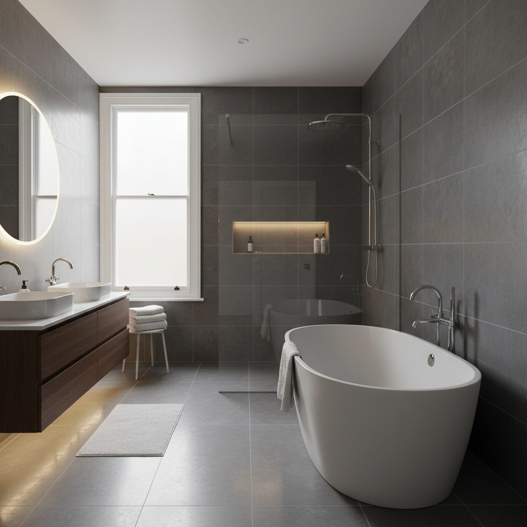Completed luxury bathroom renovation in Manchester Victorian terrace, freestanding white bathtub, walk-in rainfall shower, large format grey tiles, underfloor heating, bright natural light, photorealistic interior design photography