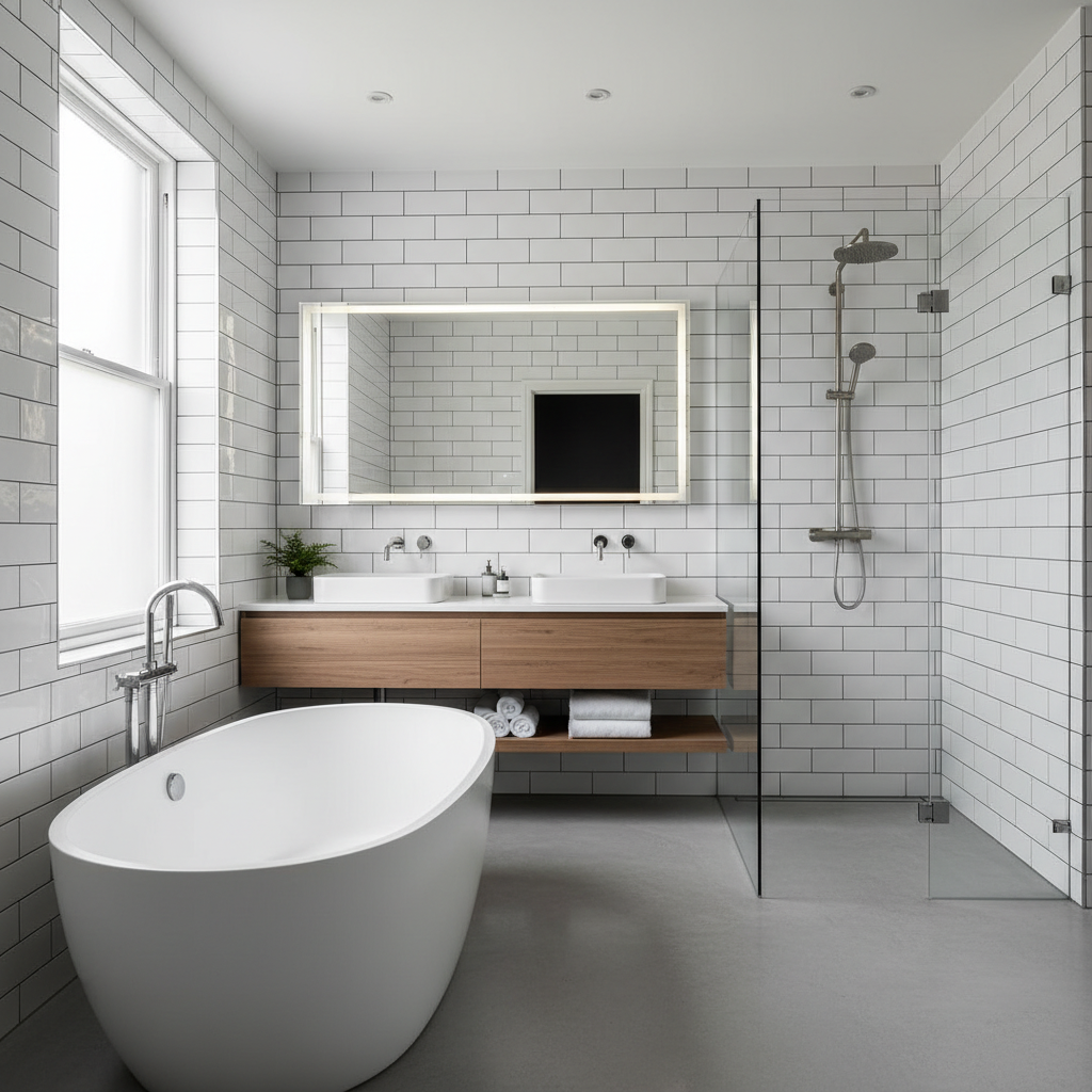 Luxurious newly fitted bathroom in Manchester home, freestanding bath, walk-in shower, white tiles with dark grout, clean modern design, professional finish, photorealistic