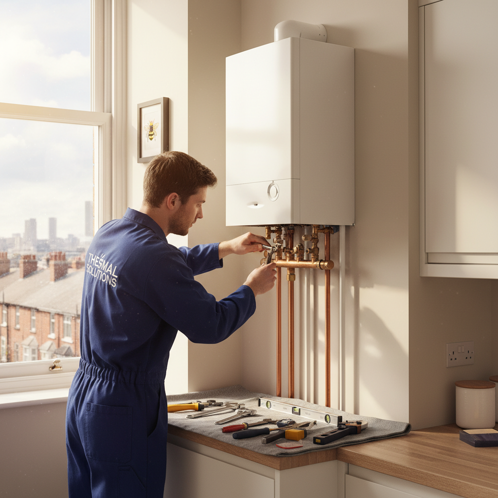 Gas engineer installing a modern combi boiler on a kitchen wall in Manchester, neat pipework connections, navy uniform, professional tools laid out, warm natural light, photorealistic