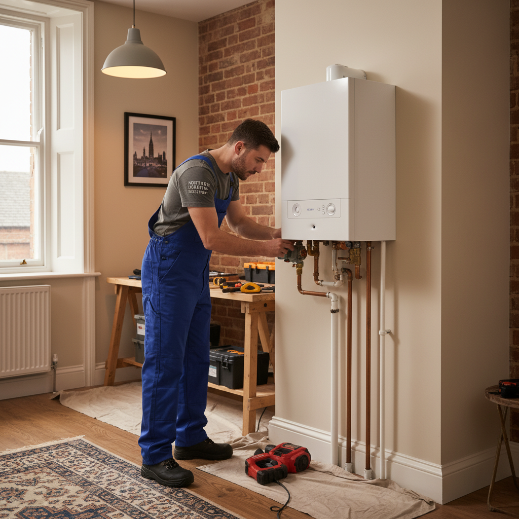 Modern combi boiler installation in Manchester home, clean pipework, professional finish, warm toned interior, gas engineer at work, photorealistic