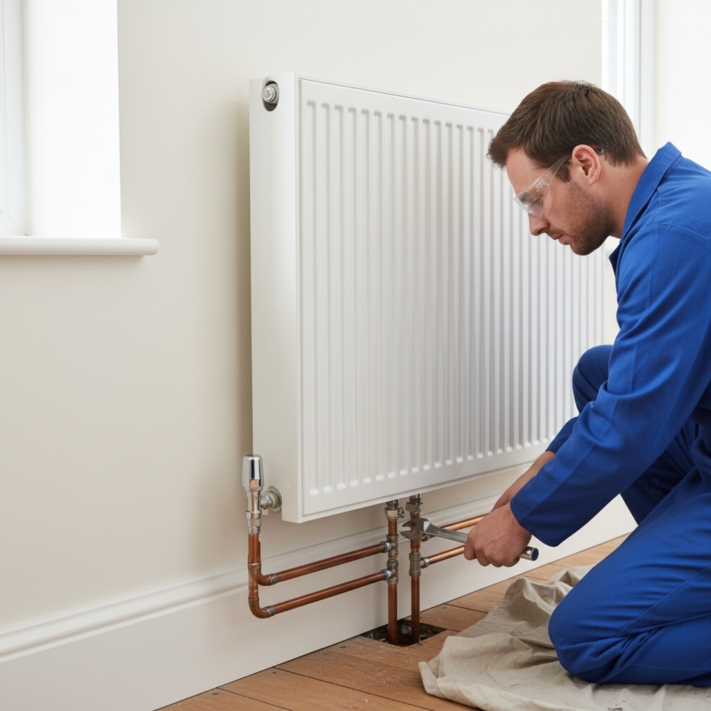 Central heating radiator installation in Manchester home, new chrome valves and white radiator against freshly painted wall, plumber connecting pipework below, professional finish, photorealistic