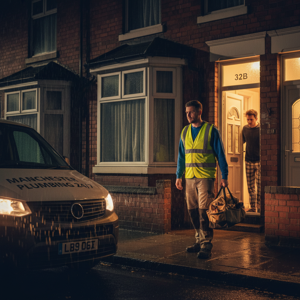 Emergency plumber arriving at Manchester home at night, wearing high visibility vest, tool bag in hand, front door opening, urgent and professional response, dramatic lighting, photorealistic