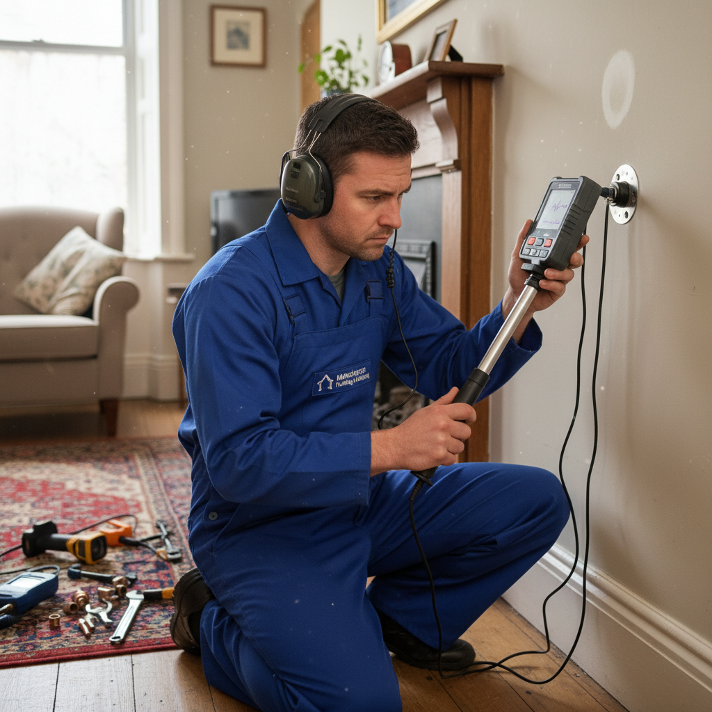 Plumber using professional leak detection equipment to trace a hidden pipe leak behind a wall in Manchester home, concentrated expression, specialist tools, photorealistic