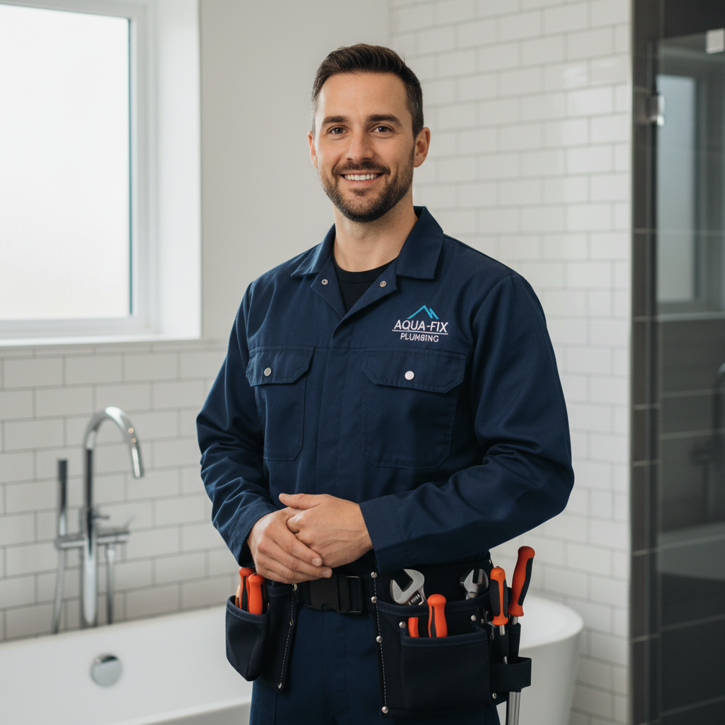 Professional male plumber engineer in navy work uniform, early 30s, smiling confidently, standing in bathroom setting, tools on belt, photorealistic portrait