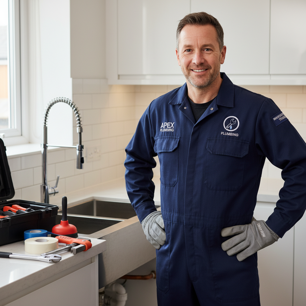 Professional male plumber in navy Apex Plumbing uniform, mid 40s, friendly confident expression, standing in a kitchen with tools, Manchester tradesperson, photorealistic portrait