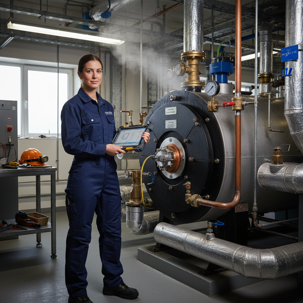 Professional female plumbing engineer in navy work uniform, late 20s, confident and skilled expression, holding diagnostic tablet in boiler room, photorealistic portrait